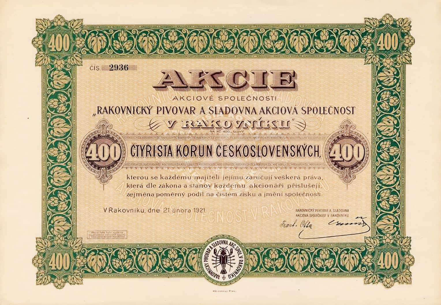 Akcia rakovníckeho pivovaru a sladovne na 400 korún československých z 21. februára 1921