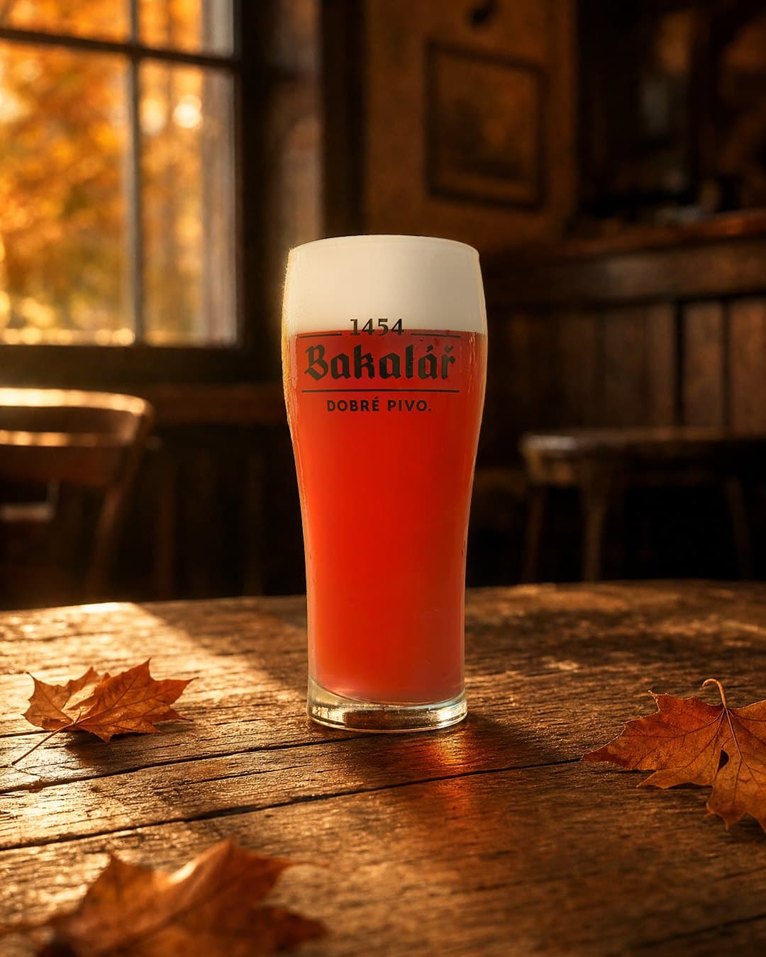 Pohár Bakalář Radler Grep nealko na drevenom stole v podniku, jesenné svetlo a javorové lístie